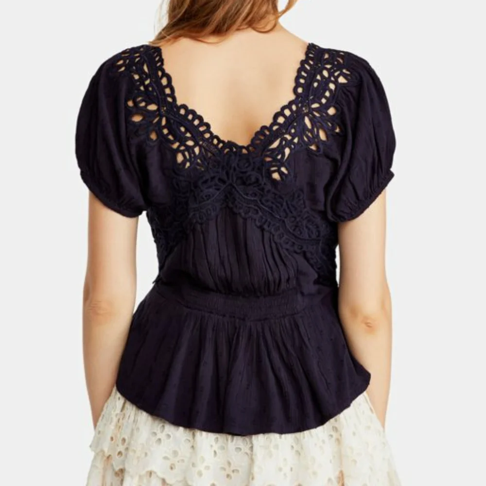 Free People Sweet Roses Pullover Blouse Navy XS - Picture 2 of 11